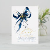 Navy Blue Gold Bow Elegant Whimsical Bridal Shower Folie Uitnodiging (Staand Voorkant)