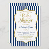 Navy Blue Gold Boy Baby shower Invitation Stripes Kaart (Voorkant / Achterkant)