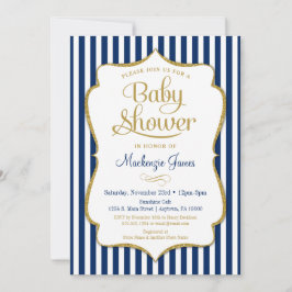 Navy Blue Gold Boy Baby shower Invitation Stripes Kaart