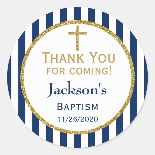 Navy Blue Gold Boys Baptisme Hartelijk dank Ronde Sticker (Voorkant)