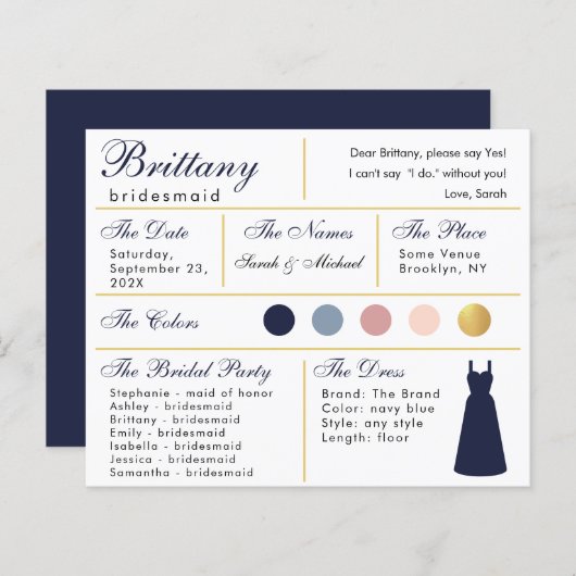 Navy Blue Gold Bridesmaid Information Kaart (Voorkant / Achterkant)