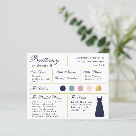Navy Blue Gold Bridesmaid Information Kaart (Staand voorkant)