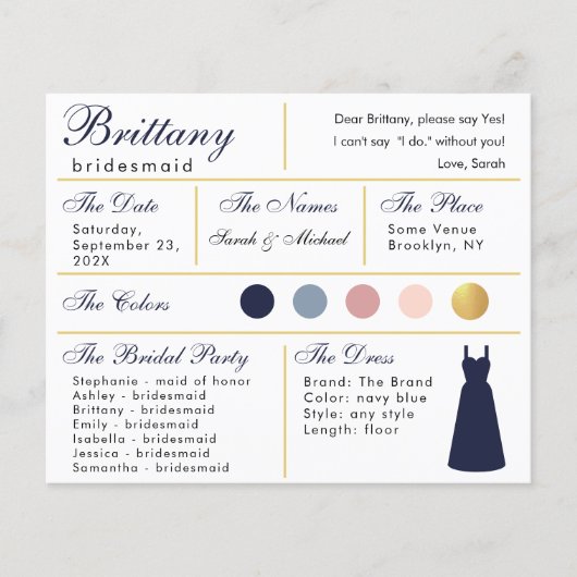 Navy Blue Gold Bridesmaid Information Kaart (Voorkant)