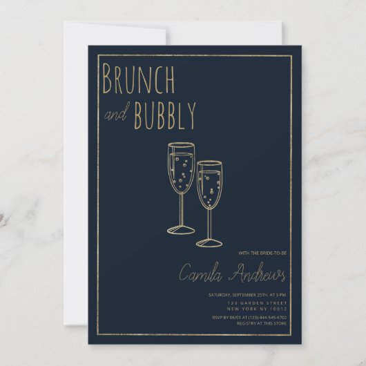 Navy Blue Gold Brunch en Bubbly Vrijgezellenfeest Kaart (Voorkant)