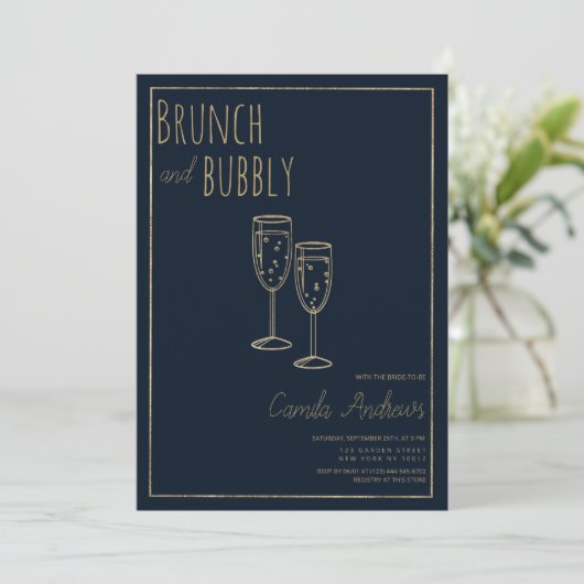 Navy Blue Gold Brunch en Bubbly Vrijgezellenfeest Kaart (Staand voorkant)