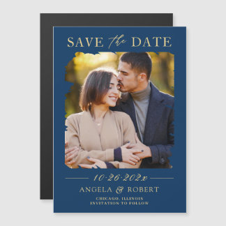 Navy Blue Gold Brush Stroke Photo Save the Date