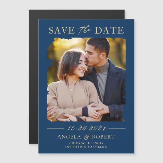 Navy Blue Gold Brush Stroke Photo Save the Date (Voorkant / Achterkant)