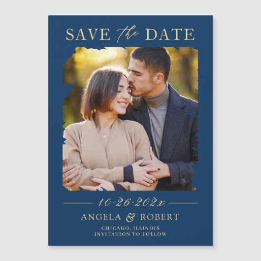 Navy Blue Gold Brush Stroke Photo Save the Date (Voorkant)