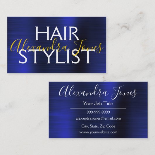 Navy Blue Gold Brushed Metal Hair Stylist Visitekaartje (Voorkant / Achterkant)