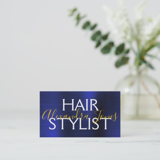 Navy Blue Gold Brushed Metal Hair Stylist Visitekaartje (Staand voorkant)