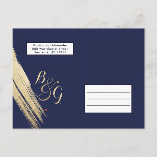 Navy Blue Gold Brushstrokes Kalender Sla de datum Aankondigingskaart (Achterkant)