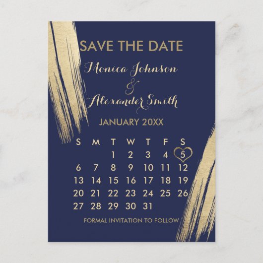 Navy Blue Gold Brushstrokes Kalender Sla de datum Aankondigingskaart (Voorkant)