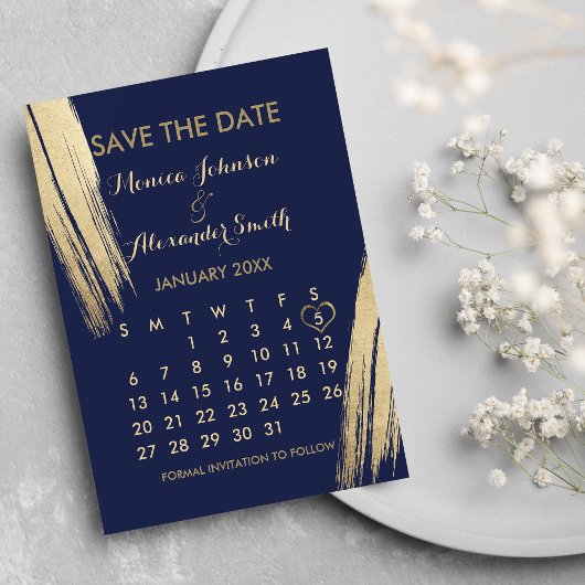 Navy Blue Gold Brushstrokes Kalender Sla de datum Aankondigingskaart