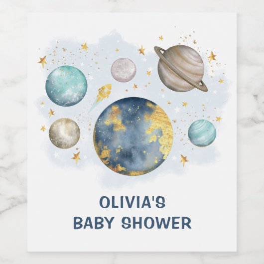 Navy Blue Gold Buitenspace Baby shower Favors Wijn Etiket (Enkel label)