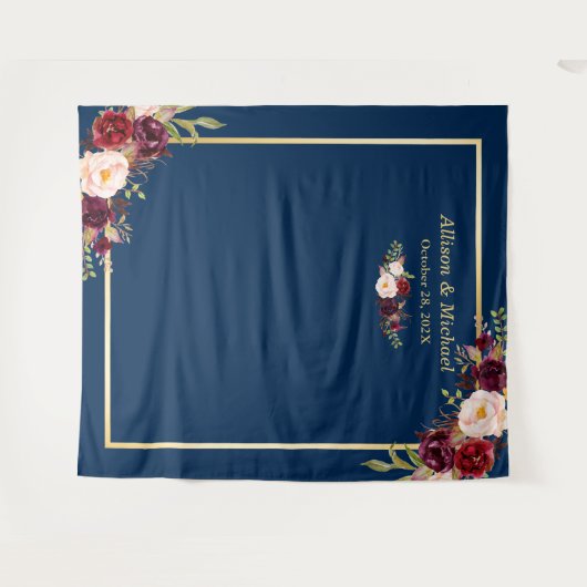 Navy Blue Gold Burgundy Floral Wedding Backdrop Wandkleed (Voorkant (horizontaal))