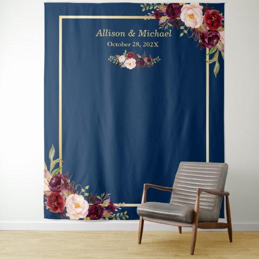 Navy Blue Gold Burgundy Floral Wedding Backdrop Wandkleed (In situ)