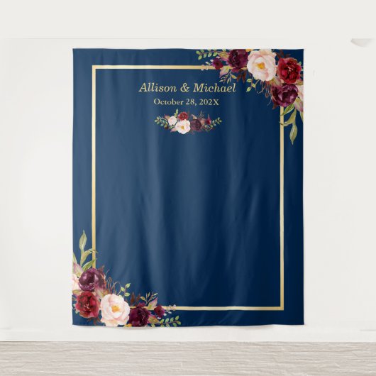 Navy Blue Gold Burgundy Floral Wedding Backdrop Wandkleed (Voorkant)