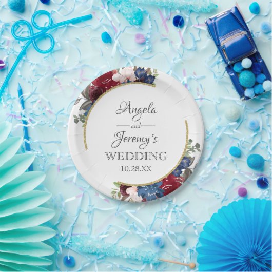 Navy Blue Gold Burgundy Red Blush Floral Weddensch Papieren Bordje (Feest)