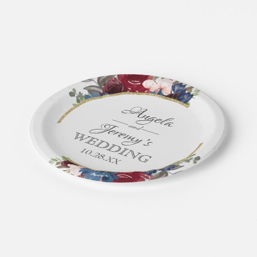Navy Blue Gold Burgundy Red Blush Floral Weddensch Papieren Bordje (Gekanteld)