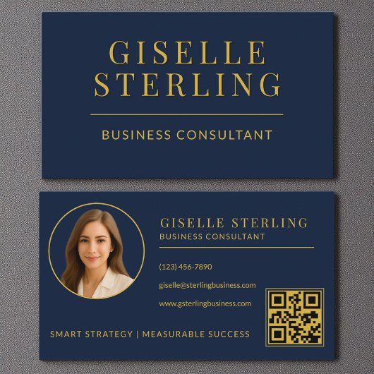 Navy Blue Gold Business Consultant Foto QR-code Visitekaartje