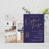 Navy Blue & Gold Business Logo Open Huis Foto Kaart (Staand voorkant)