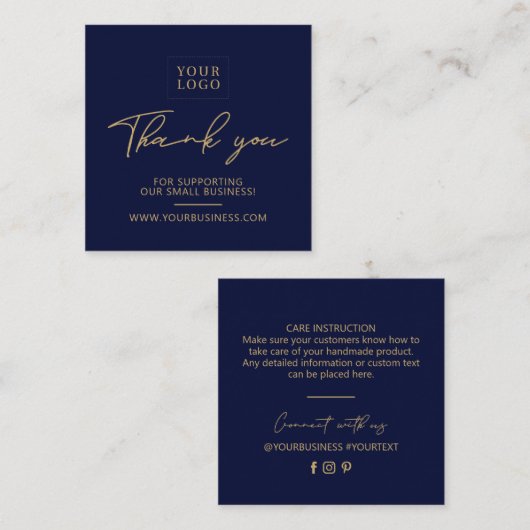 Navy Blue & Gold Business Logo Packaging Bedankt Vierkante Visitekaartje (Voorkant / Achterkant)