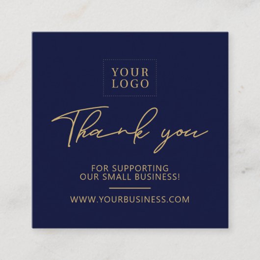 Navy Blue & Gold Business Logo Packaging Bedankt Vierkante Visitekaartje (Voorkant)