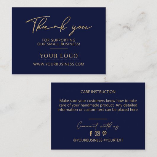 Navy Blue & Gold Business Logo Packaging Bedankt Visitekaartje (Voorkant / Achterkant)
