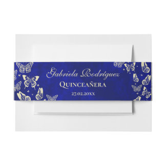 Navy Blue Gold Butterfly 15 jaar oud Quinceañera Uitnodigingen Wikkel