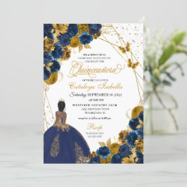 Navy Blue & Gold Butterfly Princess Quinceanera Kaart
