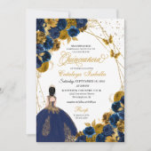 Navy Blue & Gold Butterfly Princess Quinceanera Kaart (Voorkant)