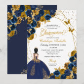 Navy Blue & Gold Butterfly Princess Quinceanera Kaart (Voorkant / Achterkant)