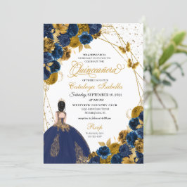 Navy Blue & Gold Butterfly Princess Quinceanera Kaart