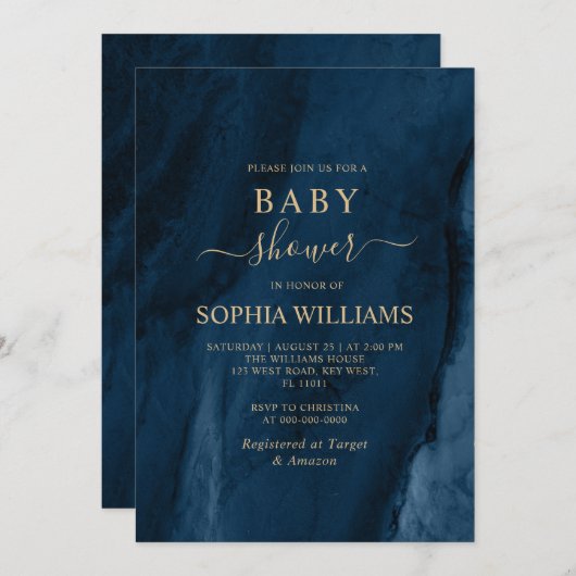 Navy Blue & Gold Calligraphy Baby shower Kaart (Voorkant / Achterkant)