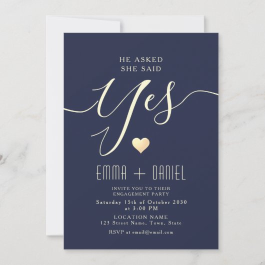 Navy Blue Gold Calligraphy Engagement Party Kaart (Voorkant)