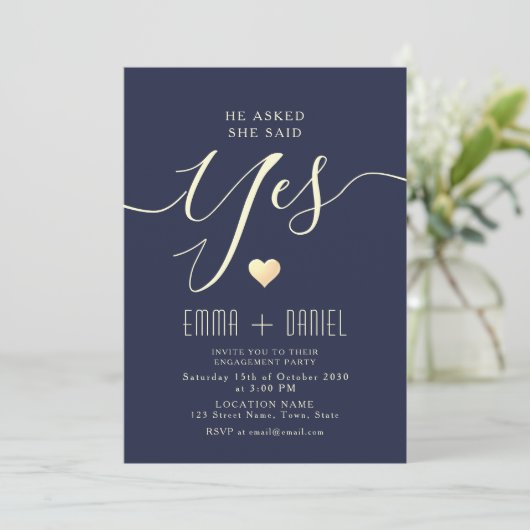 Navy Blue Gold Calligraphy Engagement Party Kaart (Staand voorkant)