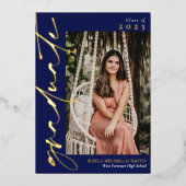 Navy Blue Gold Calligraphy Photo Afstuderen Folie Uitnodiging (Voorkant)