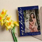 Navy Blue Gold Calligraphy Photo Afstuderen Folie Uitnodiging