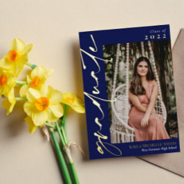 Navy Blue Gold Calligraphy Photo Afstuderen Folie Uitnodiging