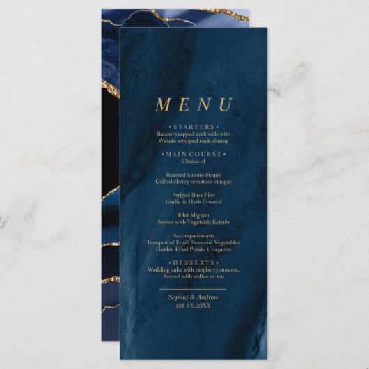 Navy Blue & Gold Calligraphy Wedding Menu (Voorkant / Achterkant)
