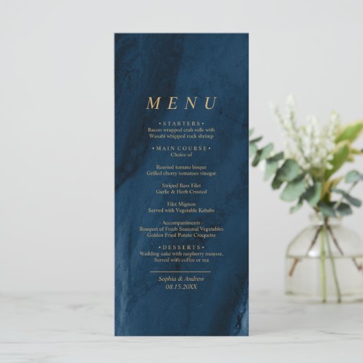 Navy Blue & Gold Calligraphy Wedding Menu (Staand voorkant)