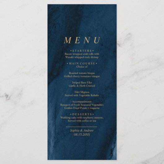 Navy Blue & Gold Calligraphy Wedding Menu (Voorkant)