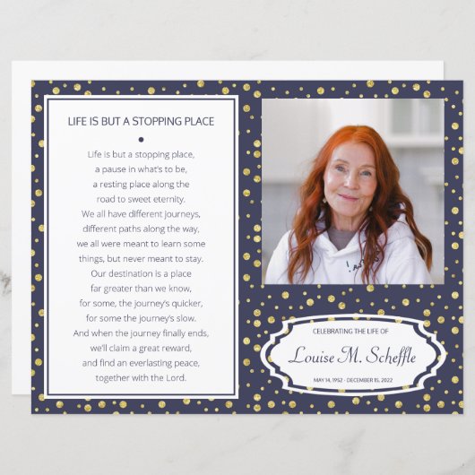 Navy Blue Gold Celebration of Life Funeral Program (Voorkant / Achterkant)