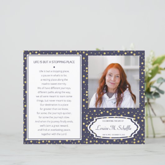 Navy Blue Gold Celebration of Life Funeral Program (Staand voorkant)