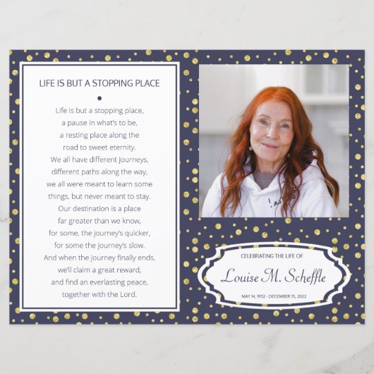 Navy Blue Gold Celebration of Life Funeral Program (Voorkant)