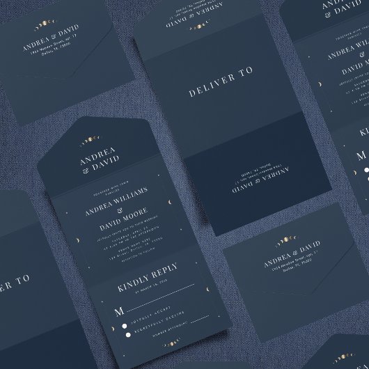 Navy Blue Gold Celestial Moon Cycle Mystic Wedding All In One Uitnodiging