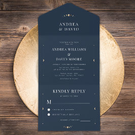 Navy Blue Gold Celestial Moon Cycle Mystic Wedding All In One Uitnodiging