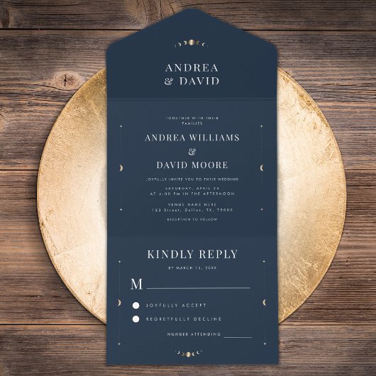 Navy Blue Gold Celestial Moon Cycle Mystic Wedding All In One Uitnodiging