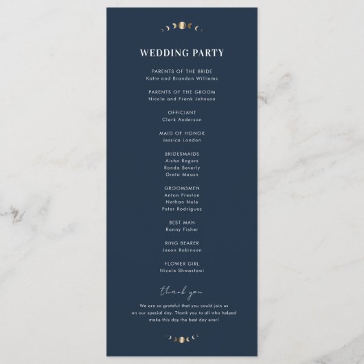 Navy Blue Gold Celestial Moon Cycle Mystic Wedding Programmakaart (Achterkant)