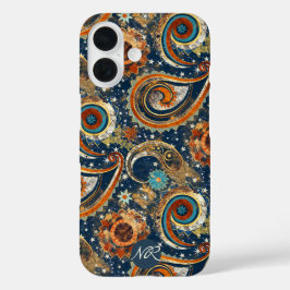 Navy Blue Gold Celestial Paisley Patroon Monogram iPhone 16 Hoesje